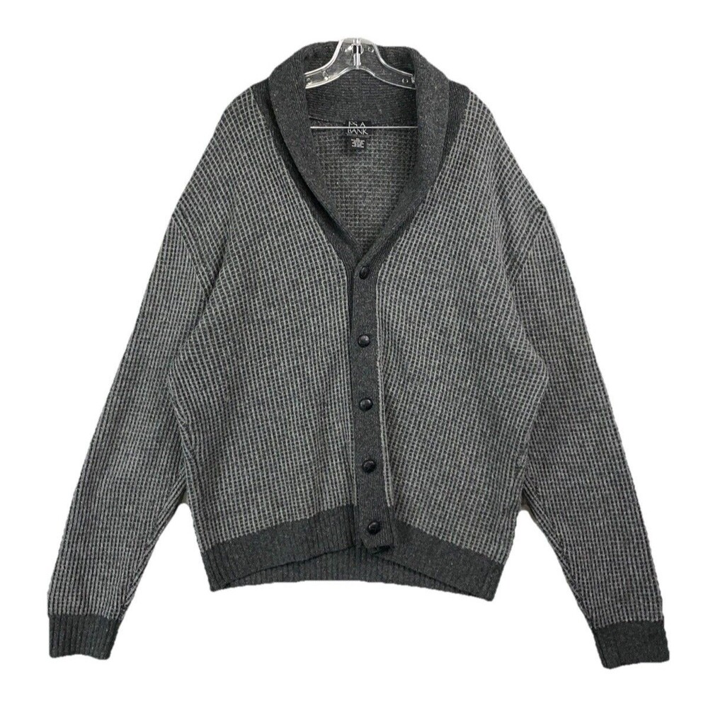 Men XL Lambswool Cardigan Wool Shawl Collar Jos A Bank Waffle Knit Gray Button